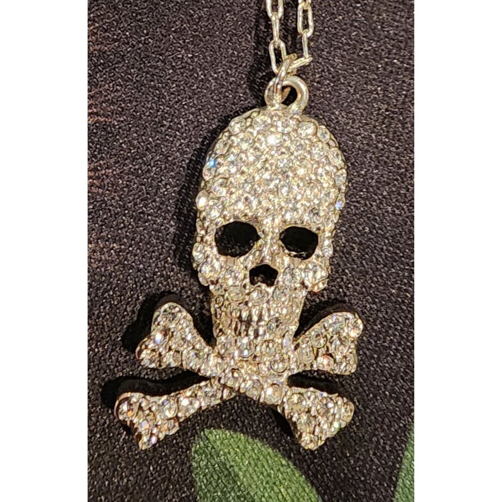 Rhinestone Skull & Crossbones Pendant Necklace Silver Chain Edgy Statement Jewel